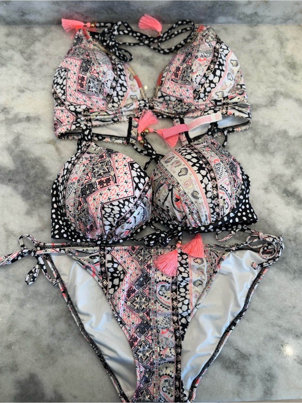 Victoria’s Secret Paisley Bikini Set 2 Tops 1 Bottom Size L 36C Boho Tassel